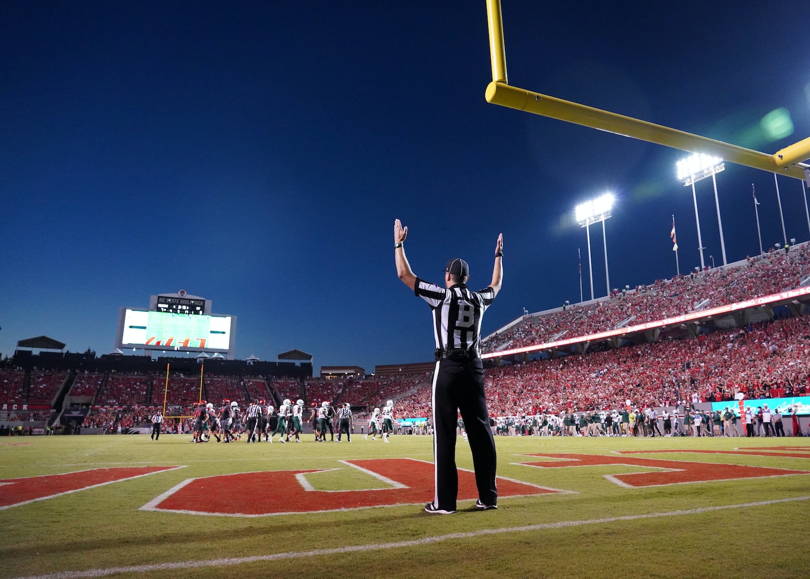 a football player standing on a field with his arms in the air